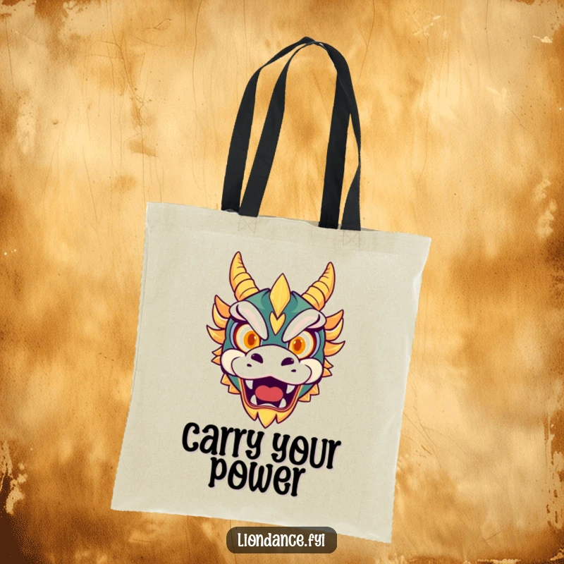 Funny tote bag illustration of a cute dragon mask with glowing eyes roaring playfully, perfect for carrying essentials with fierce style.