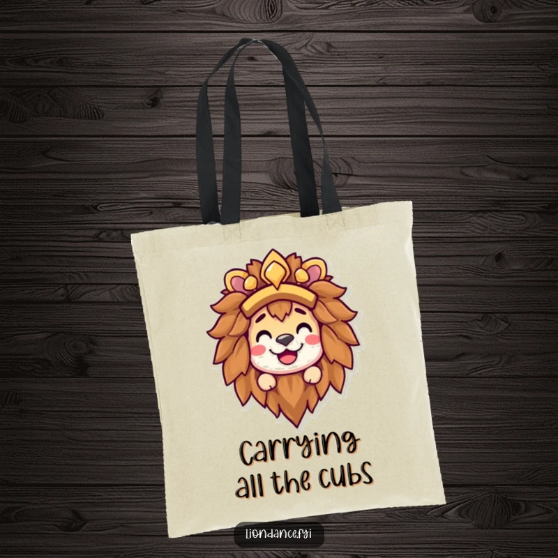 Funny lion headdress tote bag showing a happy character with a big grin peeking out from beneath a majestic lion's mane.