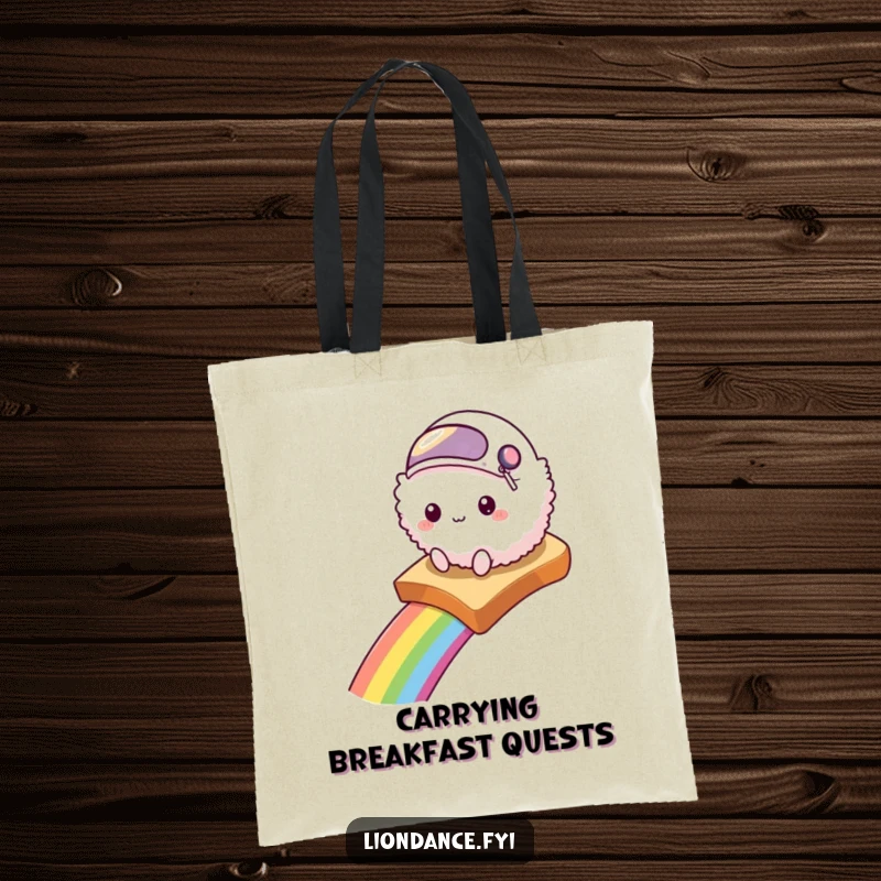 Funny tote bag showcasing a fluffy creature in a helmet on a rainbow toast slide, a whimsical design.