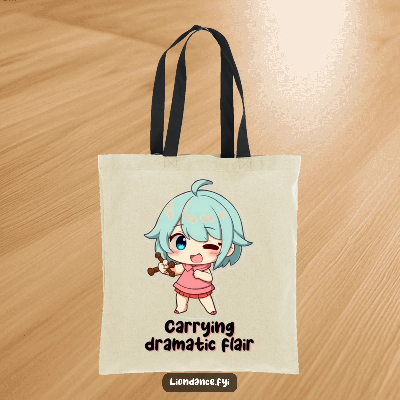 Funny tote bag showcasing a character striking a funny, exaggerated pose with a prop, a humorous and practical accessory.