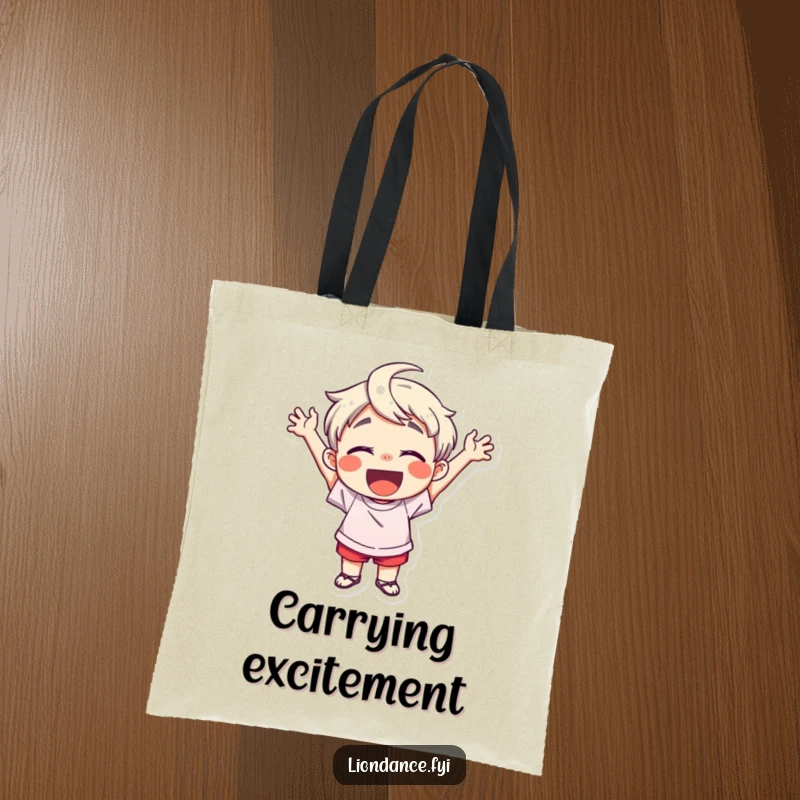 Funny tote bag with a delighted child character cheering enthusiastically, a vibrant accessory for carrying goods with a side of pure, infectious happiness.