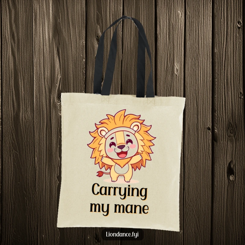 Funny tote bag with a playful character wearing a large lion costume head, doing a happy spin, perfect for carrying items with humor.