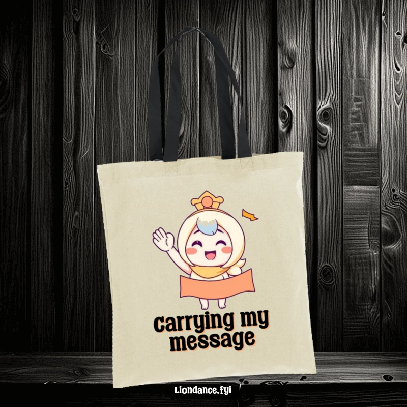 Funny tote bag showcasing a character smiling while waving a banner, perfect for carrying essentials with cheer.