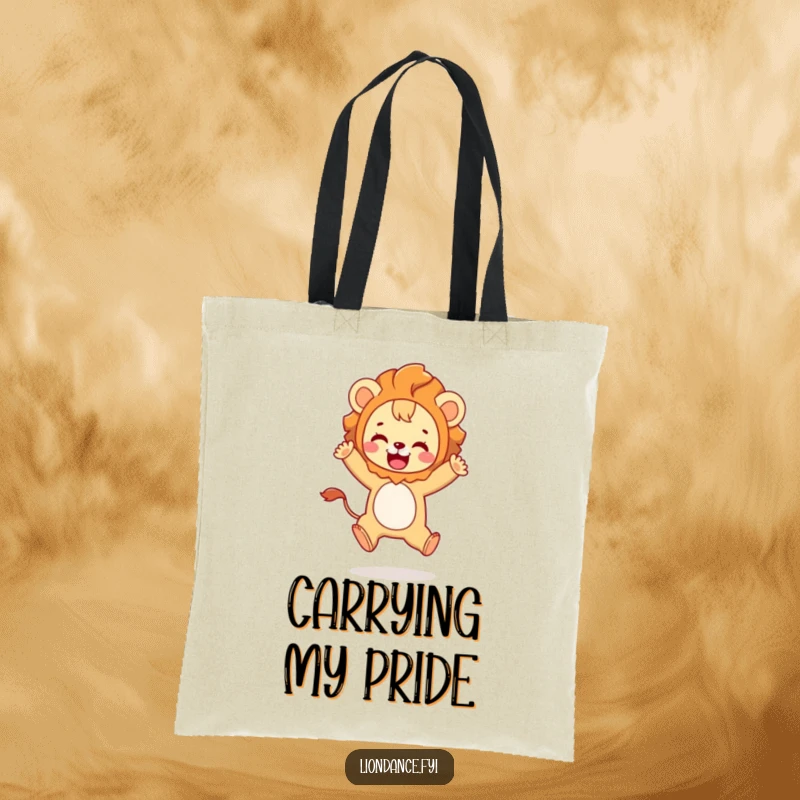 Funny tote bag showcasing a cute character in a lion costume playfully leaping with immense joy, great for errands.