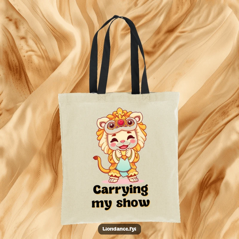 Funny tote bag with a joyful performer in a lion costume bowing, perfect for stylish and humorous carrying.