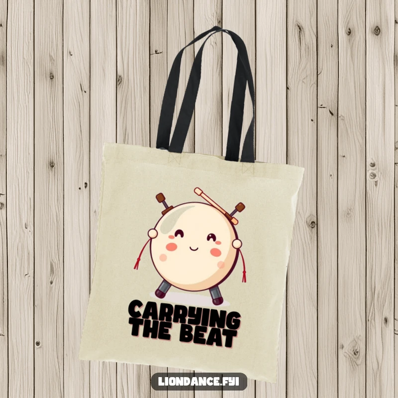 Funny gong mallet tote bag showcasing a cute gong prop with mallets, ready to strike, perfect for music fans.