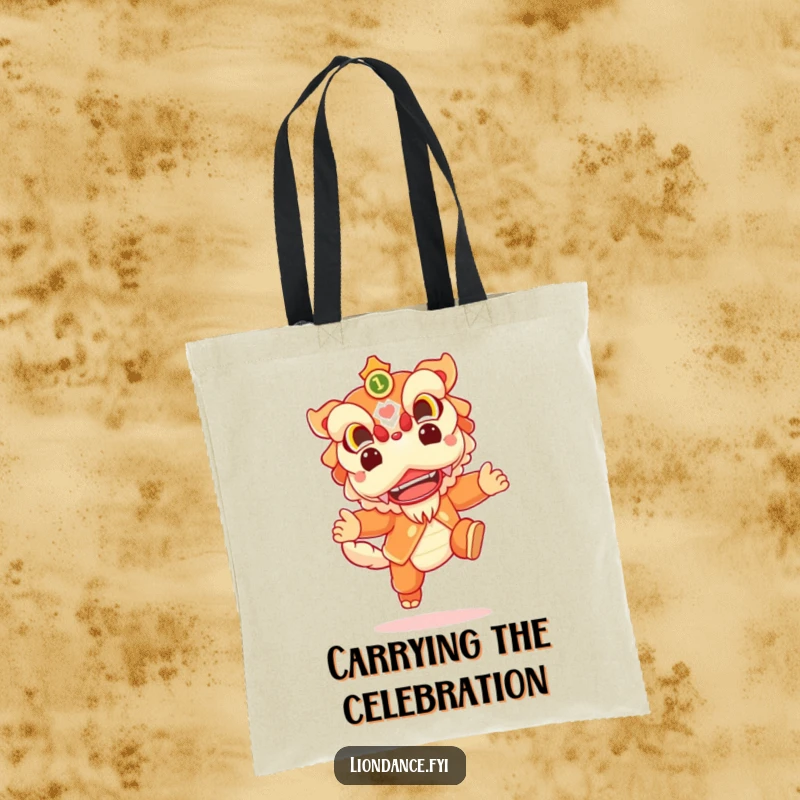Funny tote bag with a cheerful lion dance character leaping joyfully, perfect for carrying essentials with festive energy.