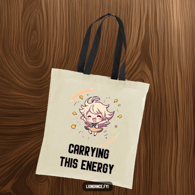 Funny tote bag with a character spinning energetically amongst playful strokes, ready for errands. Great funny gift.