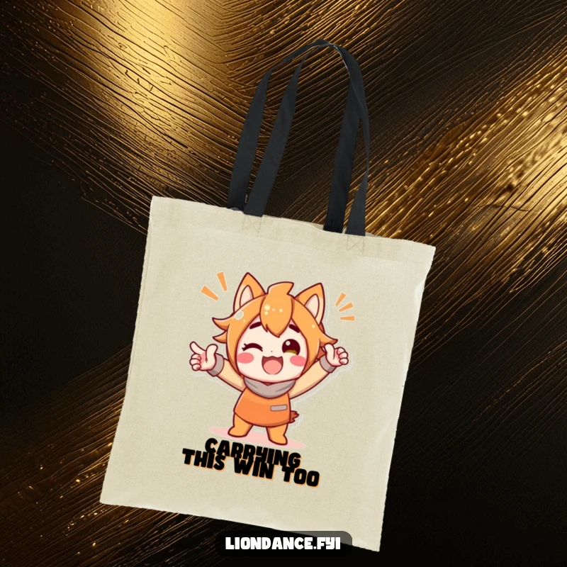 Funny tote bag featuring a delighted character in a bold, triumphant, and celebratory pose, ready to carry your items with flair.