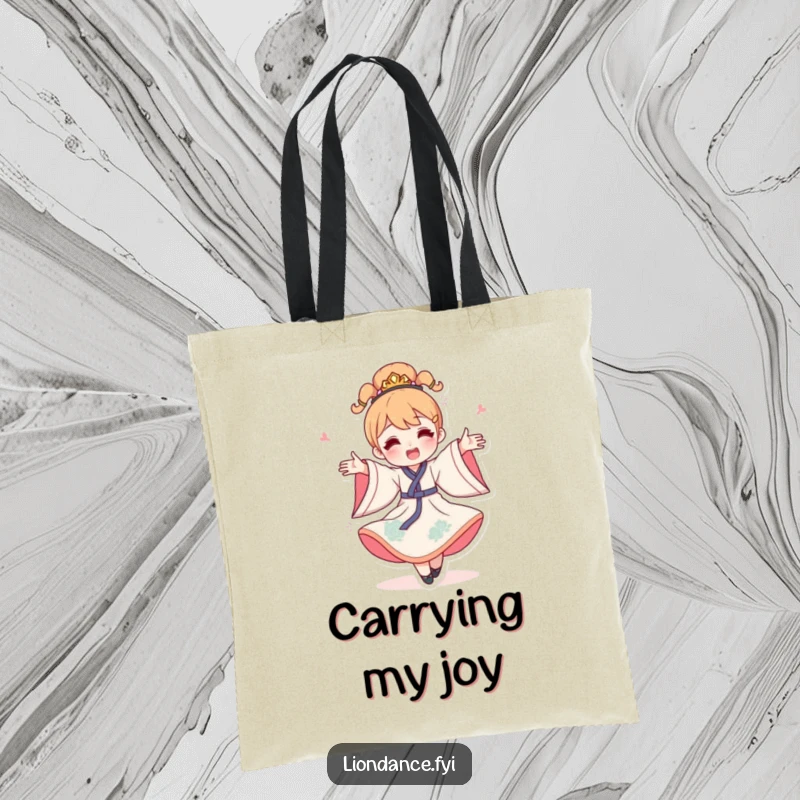 Funny celebration spin tote bag featuring a happy character in a flowing costume spinning gleefully, great for daily use.