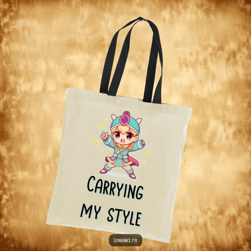 Funny Tote Bag showcasing a character in a colorful costume striking a dynamic pose, practical and fashionable, a unique funny gift.