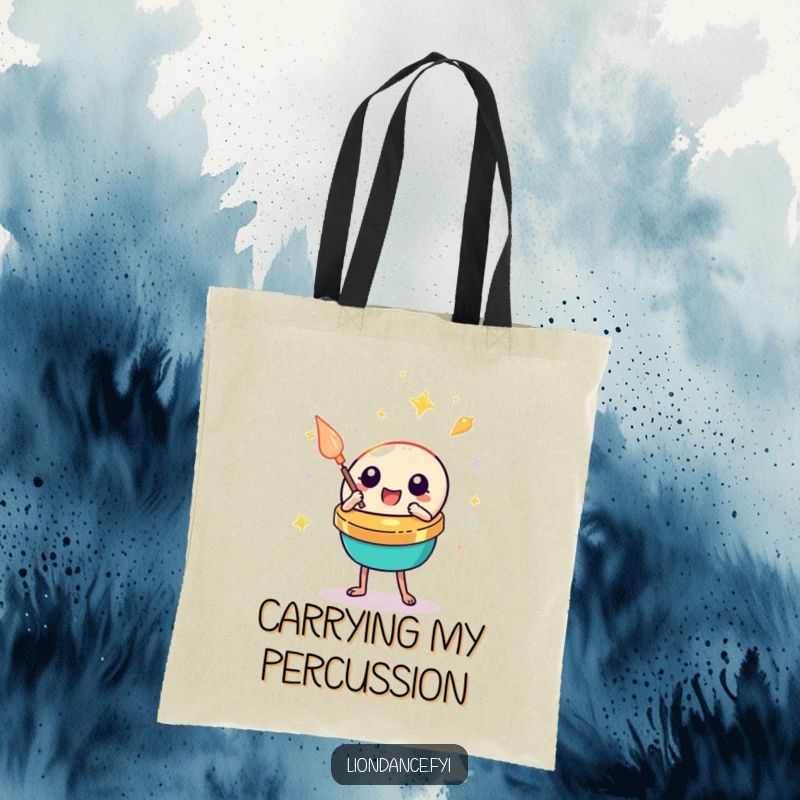 Funny cymbal clash tote bag, a cute percussion prop energetically striking a festive pose, perfect for music enthusiasts.