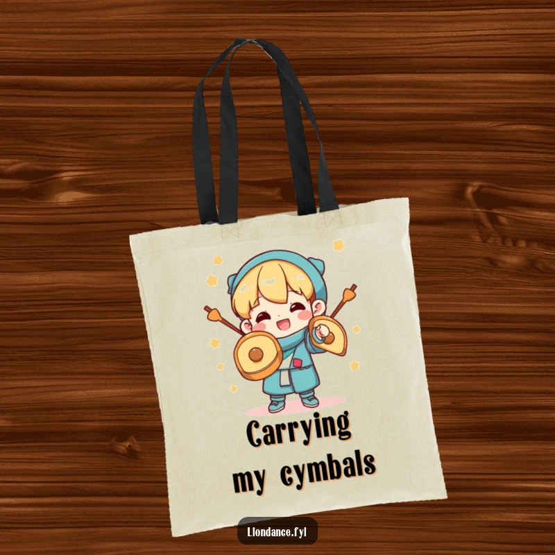 Funny Tote Bag: A character grinning widely while clashing cymbals, showcasing celebratory energy and joyful expression. Perfect for carrying items with flair.