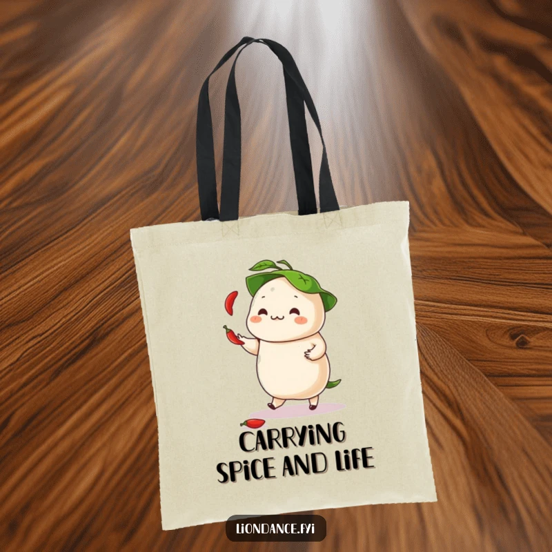 Funny tote bag showcasing a dancing dumpling juggling chili peppers, with a leafy hat, a vibrant design.