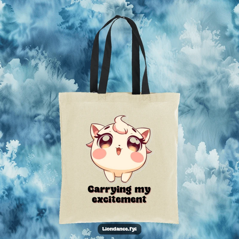 Funny tote bag with a character sporting wide, excited eyes, looking upwards at a flourish. Great funny gift.