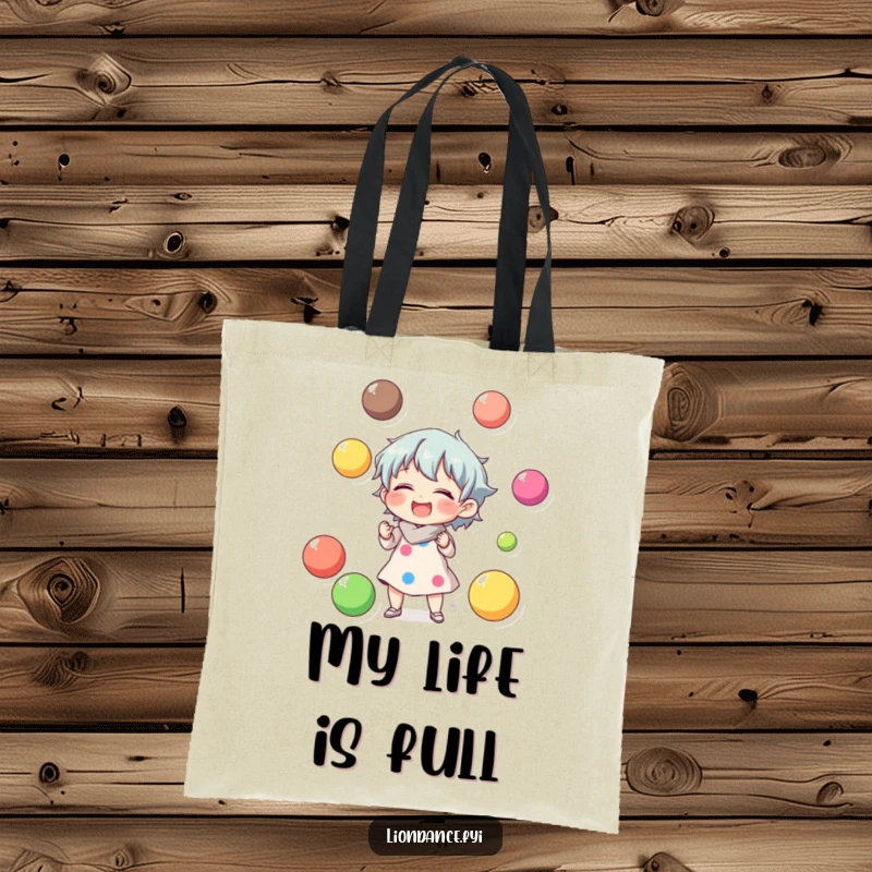 Funny tote bag showcasing a character laughing while juggling colorful balls, perfect for carrying essentials with joy.