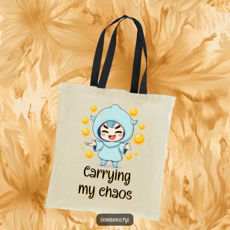 Funny tote bag illustrated with a mischievous character juggling golden orbs, perfect for carrying daily items. Great funny gift.