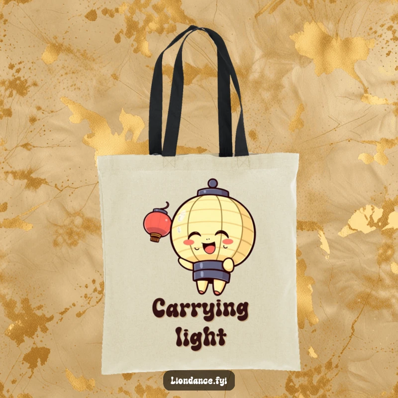 Funny tote bag with a cheerful lantern character gently bobbing with pure joy, a stylish accessory for carrying goods while spreading a warm, happy vibe.