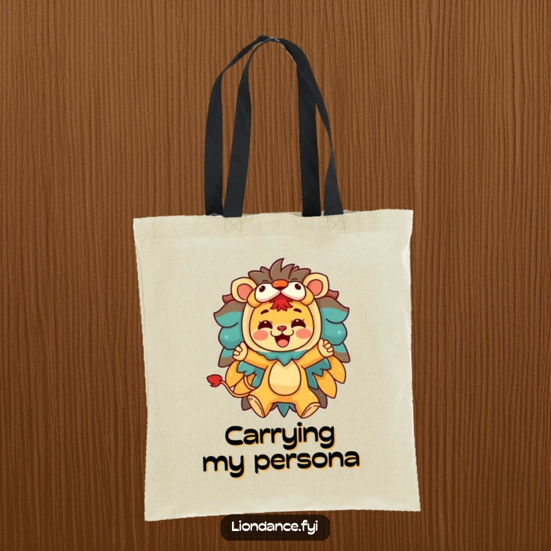 Funny tote bag with a character joyfully leaping from a colorful lion costume, perfect for carrying items with humor.