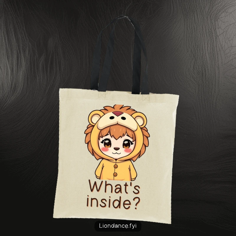 Funny tote bag with a curious character peeking from the eyes of a lion costume, perfect for carrying items with a hint of mystery.