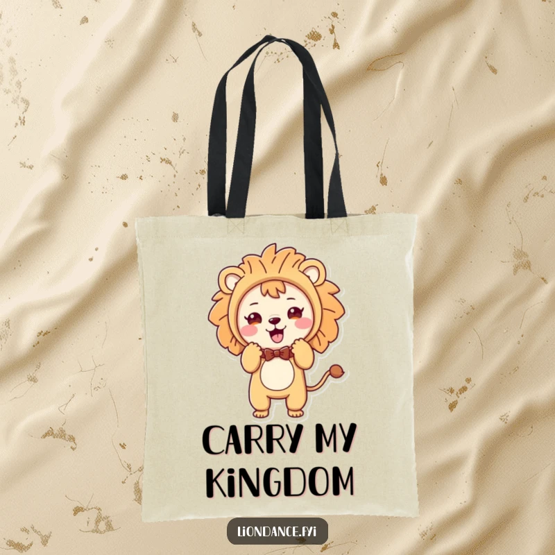 Funny tote bag featuring a cute character in a lion costume doing a playful, polite bow, perfect for carrying smiles.