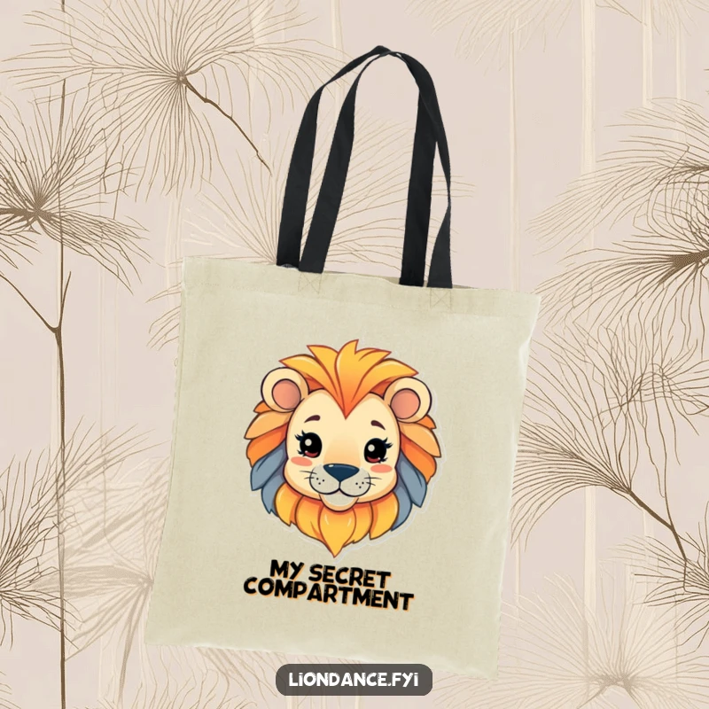 Funny tote bag with a playful character peeking from a colorful lion head, ideal for carrying essentials with quirky charm.