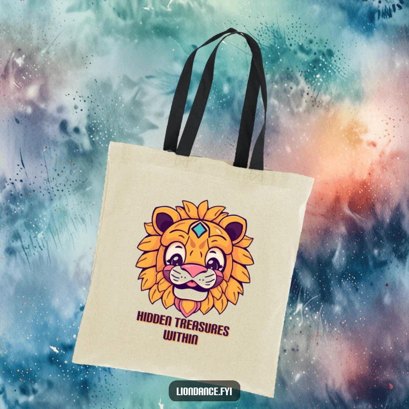 Funny lion mask tote bag with a smiling character peeking from behind the mask, a humorous and stylish accessory.