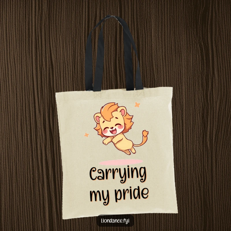 Funny tote bag showcasing a delighted character mid-tumble with a splendid, flowing lion's tail, perfect for carrying essentials with humor.