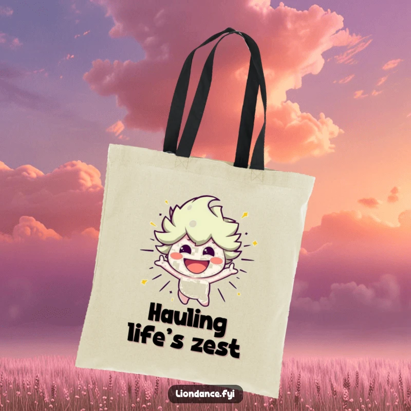 Funny tote bag with a smiling character bursting with energetic movement, perfect for carrying essentials with vibrant humor.