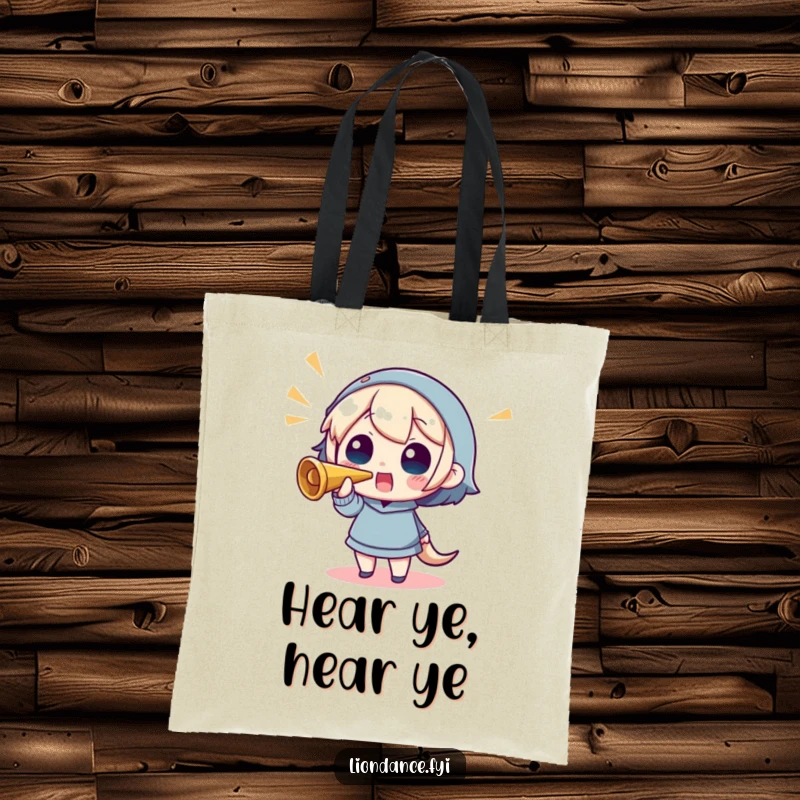 Funny tote bag showcasing a character joyfully blowing a horn, perfect for carrying everyday items with flair.