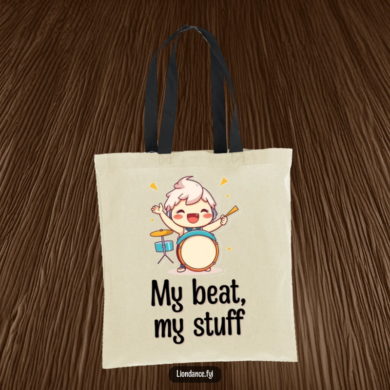 Funny drummer character tote bag showcasing a jubilant figure energetically performing a vibrant drum beat, ideal for music lovers on the go.