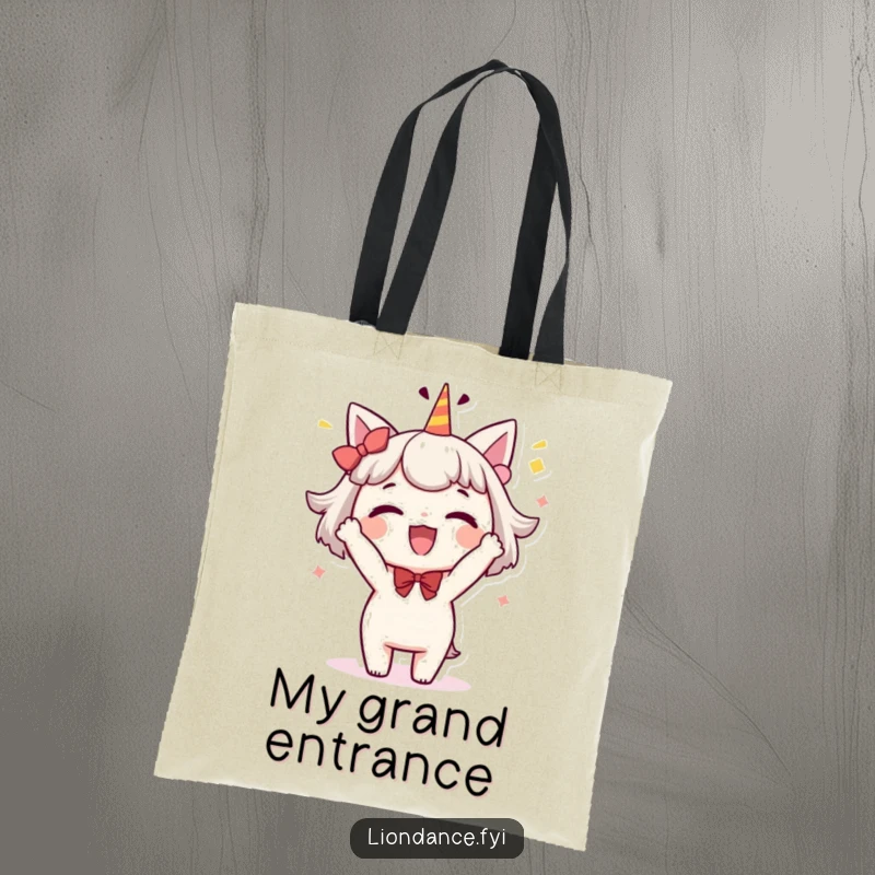 Funny tote bag with a delighted character performing a whimsical, celebratory bow, perfect for carrying items with charming humor.