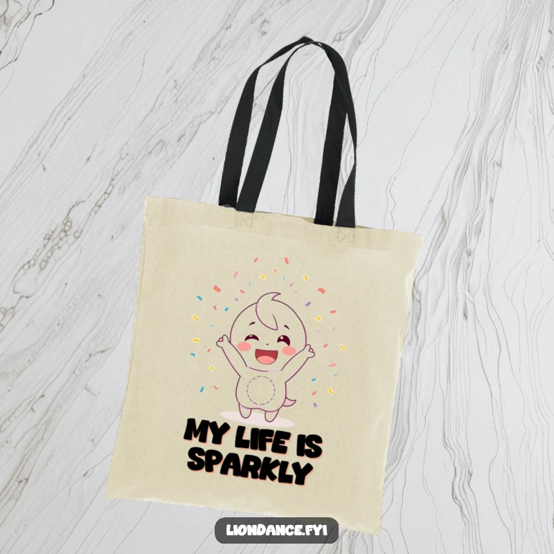 Funny tote bag featuring a happy character with a wide smile, joyfully tossing confetti, perfect for carrying essentials with cheer.