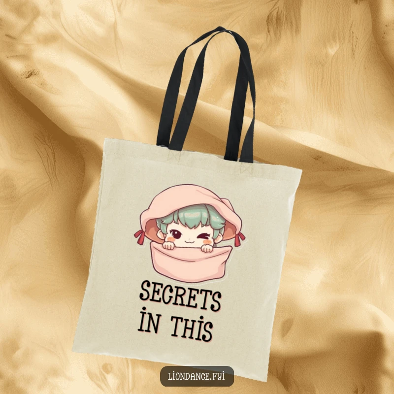 Funny Tote Bag with a mischievous character peeking from behind a silken banner, perfect for everyday use.
